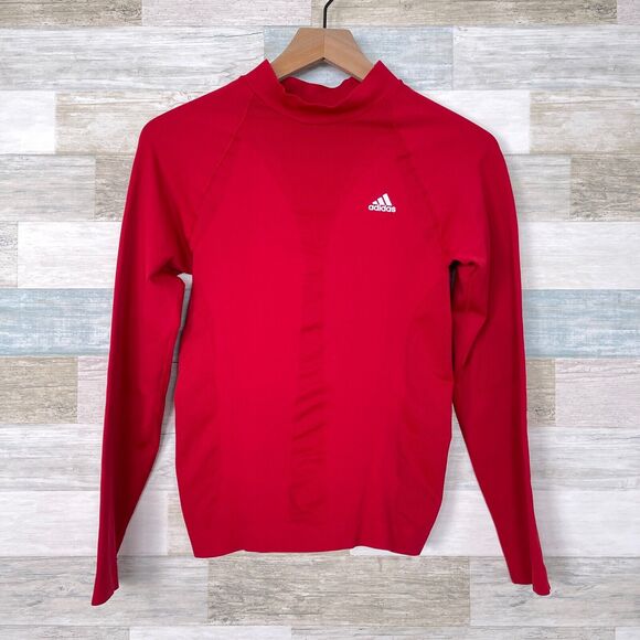 Adidas Mock Neck Top Compression Red ClimaCool Activewear Stretch Womens Medium - Picture 1 of 8